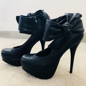 Black Leather Ankle Bow Stilettos, Size 6